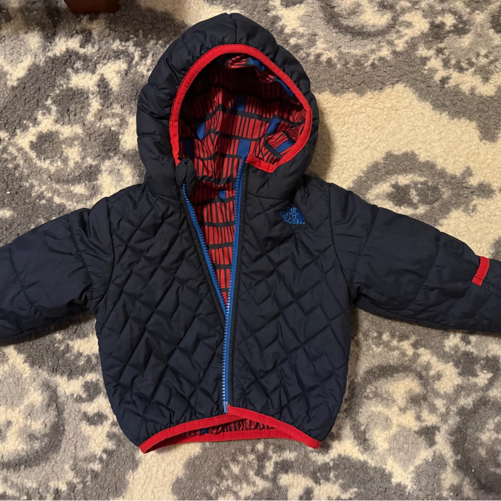 North Face Navy Quilted Jacket Red Accents Reversible 12 months baby toddler